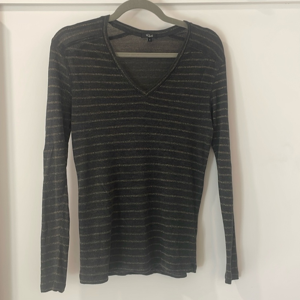 RAILS Metallic Bronze Striped V-neck Long-sleeve Tee In Charcoal Bronze Stripe